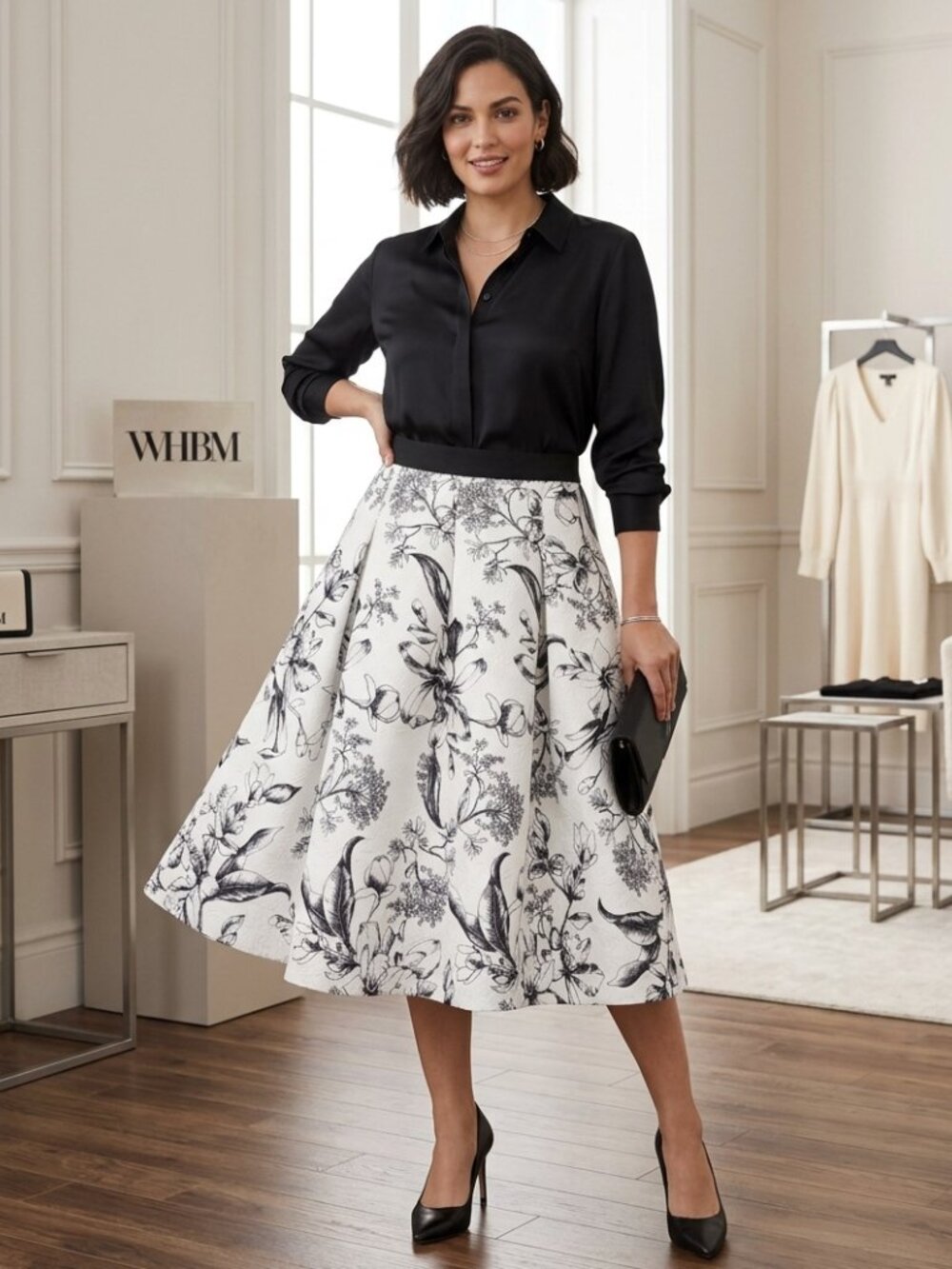 White House Black Market A-Line Embroidered Black and White Floral Skirt